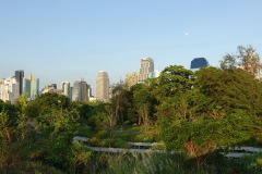 Benjakitti Forest Park med en väl synlig måne ovanför skyskraporna, Bangkok.