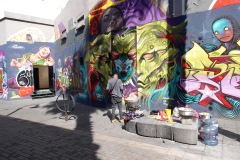 Väggmålningar längs korta tvärgatan Cjon. Mesones, Centro Histórico, Mexico City.