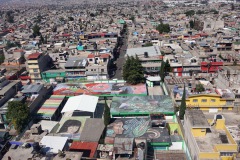 Utsikten från världens längsta (10,55 km) linbana för kollektivtrafik, linje 2 mellan Constitución de 1917 och Santa Marta, Mexico City.