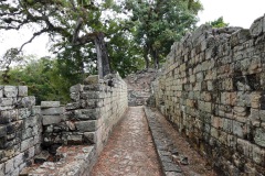 Gång mellan två byggnader uppe på Acropolis, Copán.