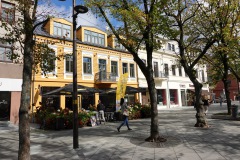 Vacker arkitektur längs gågatan Laisvės alėja (Frihetsavenyn), Kaunas.