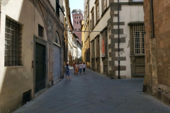 Gatuscen i centrala Lucca med Torre Guinigi i bakgrunden.