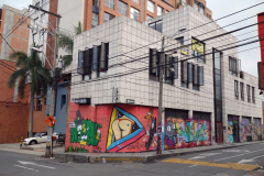 Graffiti på sliten byggnad i närheten av mitt hotell, Poblado, Medellín.