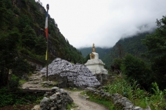 Sten med tibetanskt mantra och stupa längs leden mellan Phakding och Monjo.