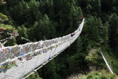 Den berömda Edmund Hillary-hängbron sedd från den västra sidan. Till höger i bild ses den lägre gamla hängbron som fortfarande är i bruk.