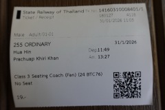 Tredjeklass-biljett från Hua Hin till Prachuap Khiri Khan för 19 Baht.