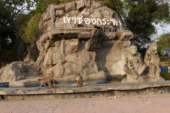 En flock långstjärtade makaker vid Monkey Statue, Prachuap Khiri Khan.