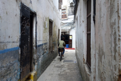 Ibland stöter man på folk som cyklar eller någon enstaka motorcykel här och där, men det faktum att biltrafik är omöjlig gör stadsdelen ännu trevligare, Stone Town (Zanzibar Town), Unguja.