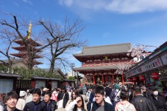 Nakamise Shopping Street med Sensoji Five-Storied Pagoda och Sensoji Hozomon Gate i bakgrunden, Tokyo.