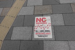 Gatuskylt längs paradgatan Aoyama-dōri, Japan, som informerar om ett totalförbud mot rökning på gator och i parker, med en påföljd på 2,000 yen i böter vid överträdelse, Shibuya, Tokyo.