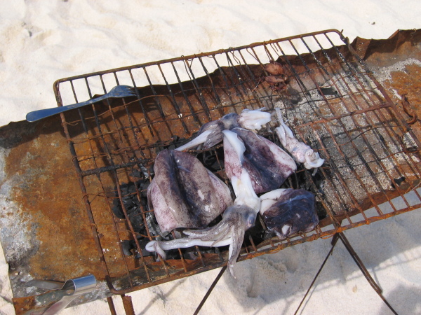 Grillning av bläckfisk, White island, Camiguin.