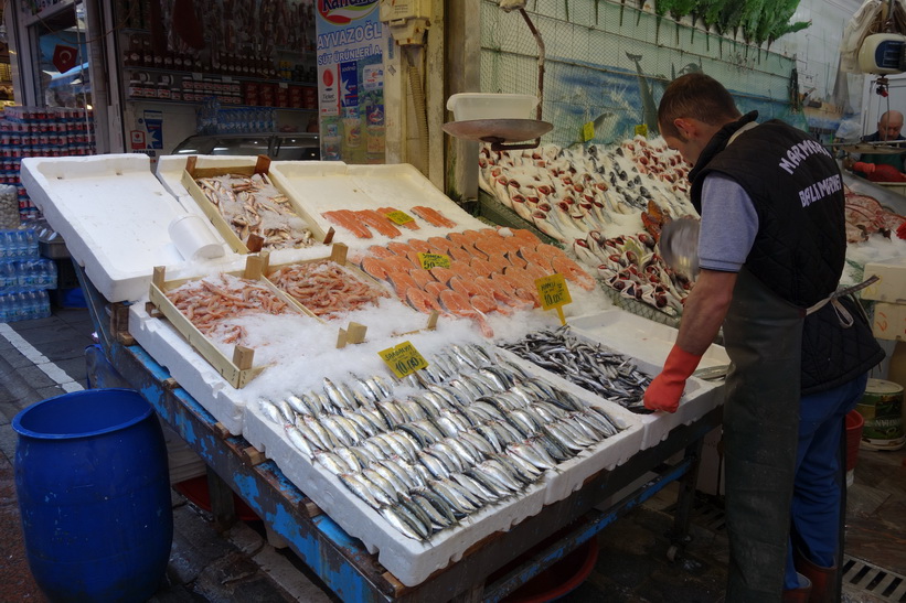 Fiskhandlare längs gatan Güneşli Bahçe i centrala Kadiköy, Istanbul.