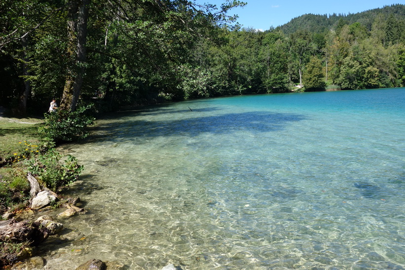 En av flera badstränder längs Lake Bled, Bled.