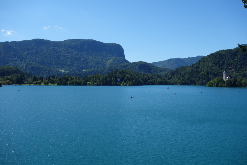 Lake Bled med Bled island till höger i bild.
