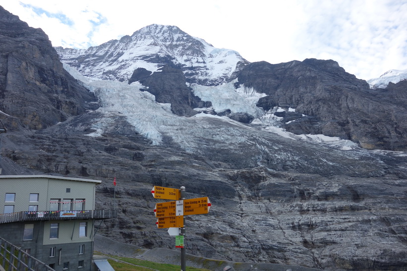 Bergstoppen Jungfrau (4158 m.ö.h.) sedd från station Eigergletscher (2320 m.ö.h.).