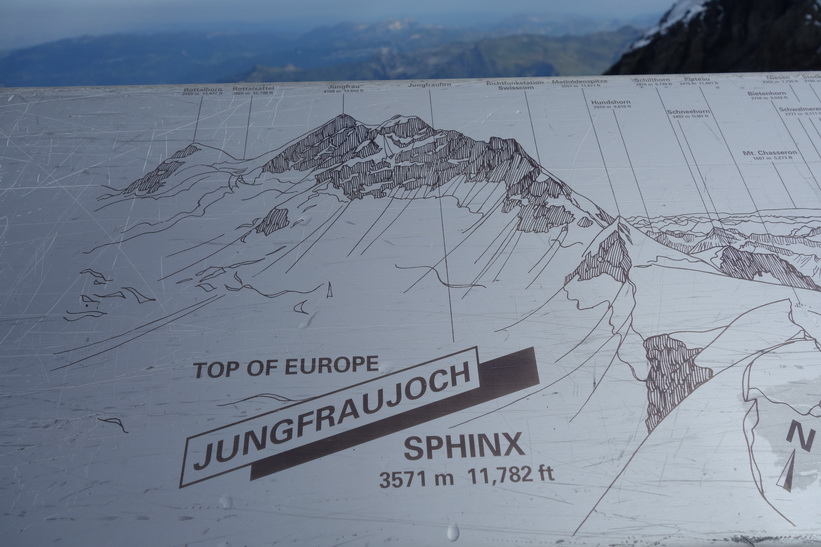 Trevlig överblickskarta över bergstopparna, Sphinx-terrasen, Jungfraujoch.