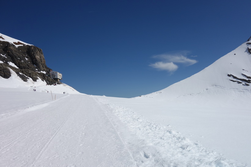 Mönchsjochhütte i sikte. Vy under promenaden från Jungfraujoch till Mönchsjochhütte.