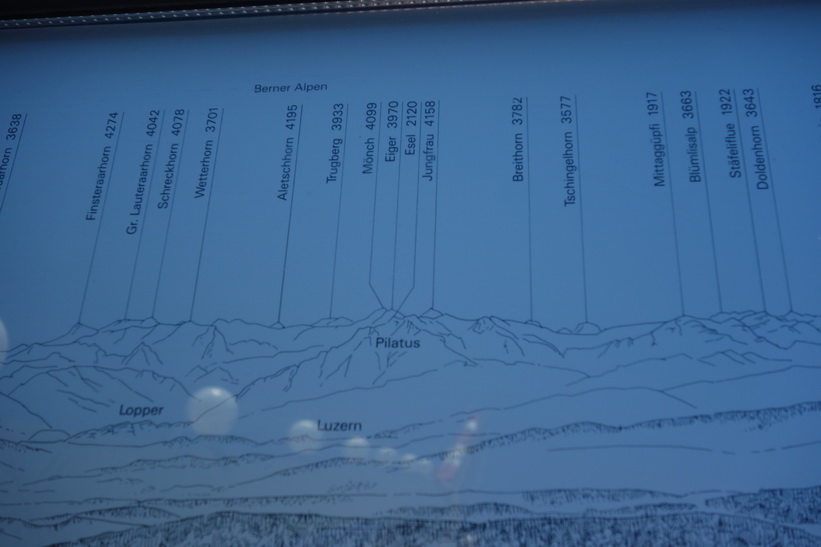 Väldigt bra med skyltar som visar vilka bergstoppar man har framför sig, utsiktstornet på toppen av Uetliberg, Zürich.