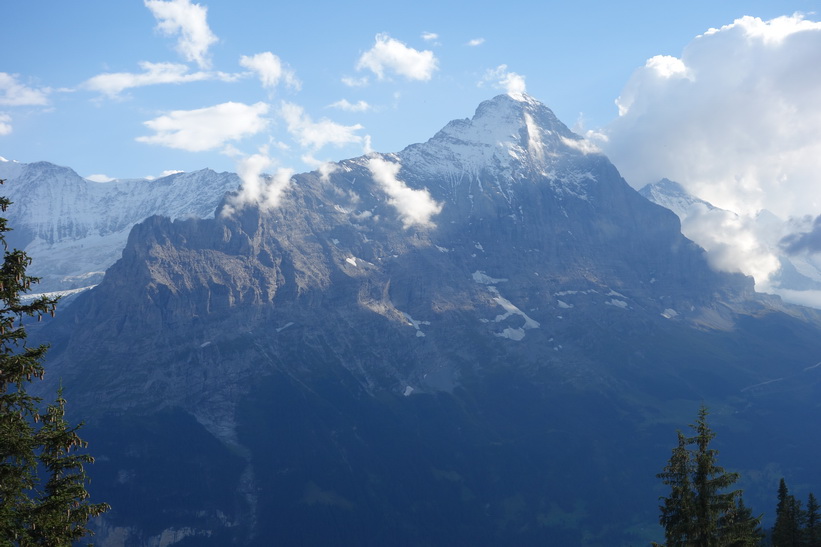 Mäktiga Eiger till höger i bild. Den långa vandringen från Bachsee (2265 m.ö.h.) hela vägen ner till Grindelwald (1034 m.ö.h.).