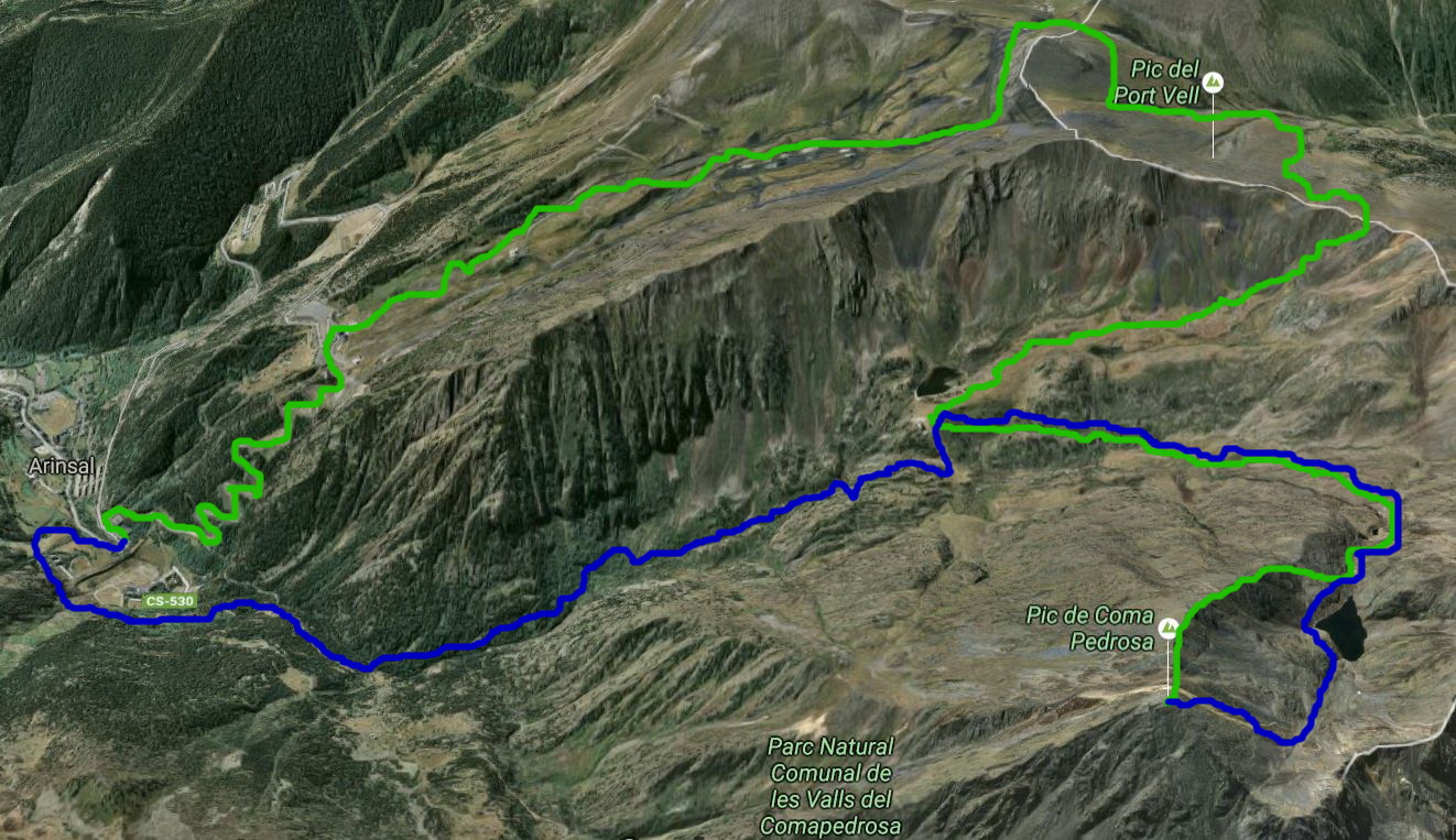 Bild som visar min bestigning av Coma Pedrosa. Den gröna linjen visar vilken väg jag tog upp, och den blå visar vägen jag tog ner tillbaka till Arinsal.