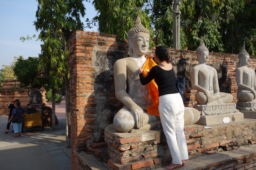 Aom samlar merit i templet Wat Yai Chai Mongkhol, Ayutthaya.